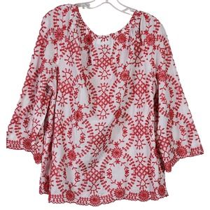 Charter Club Floral Embroidered Peasant Blouse Scalloped Hem size Large